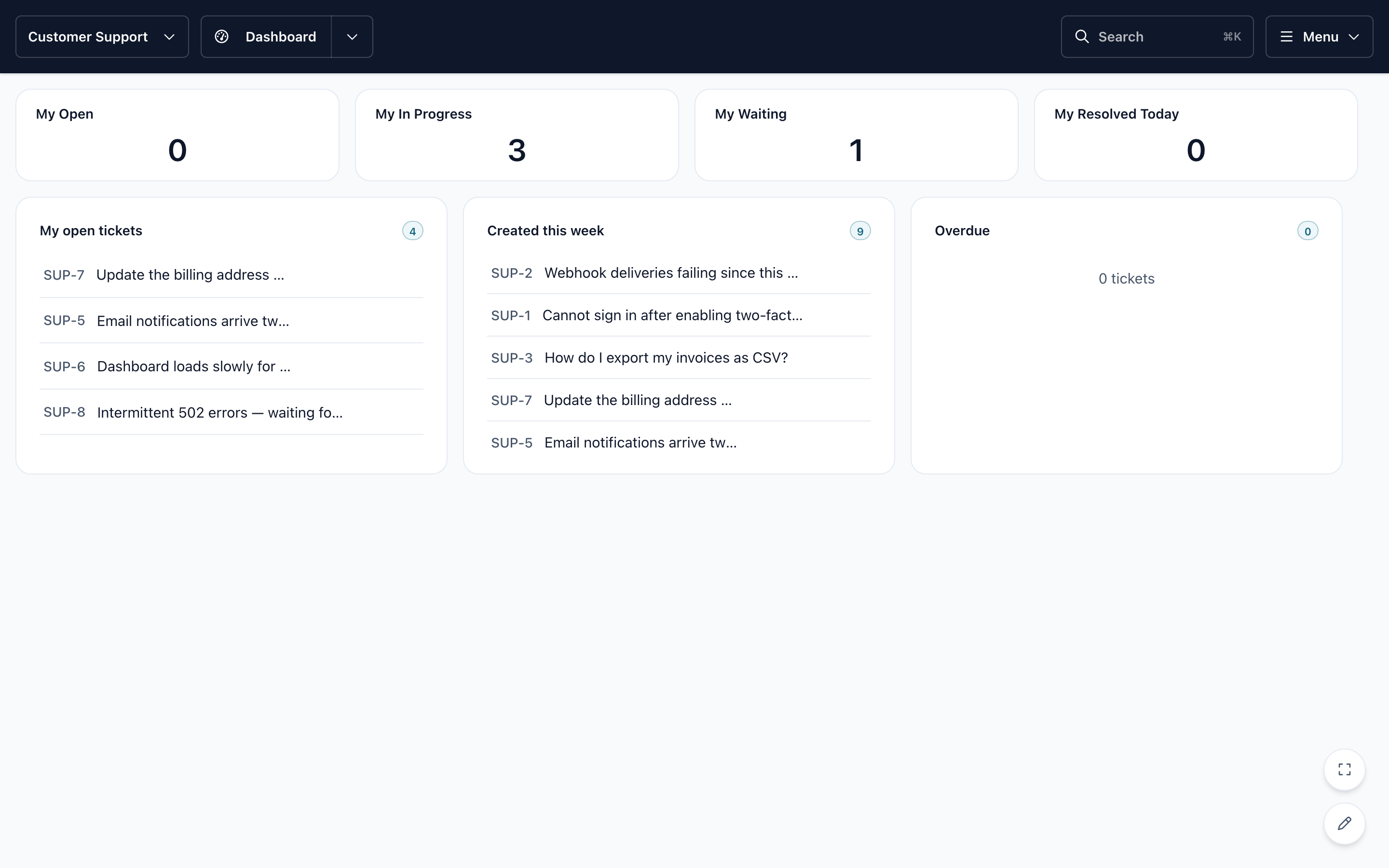 A dashboard with KPI tiles and three pinned views: My open tickets, Created this week, and Overdue