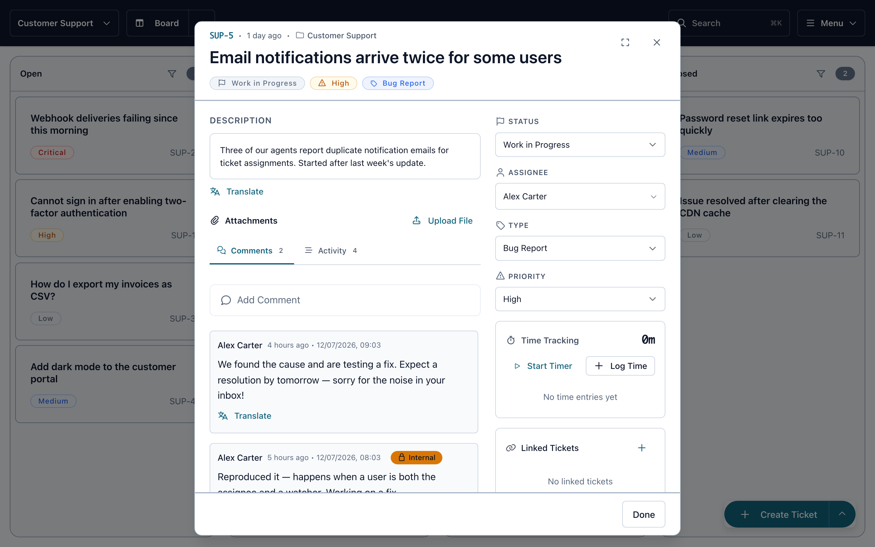 The ticket detail panel with description, comments, and the status, assignee, and priority sidebar